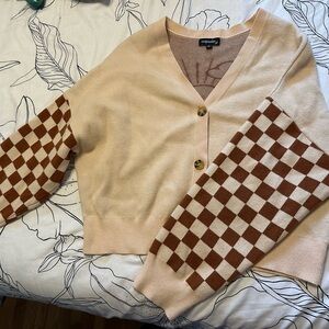 Originality Beige and Brown Checkered Cardigan